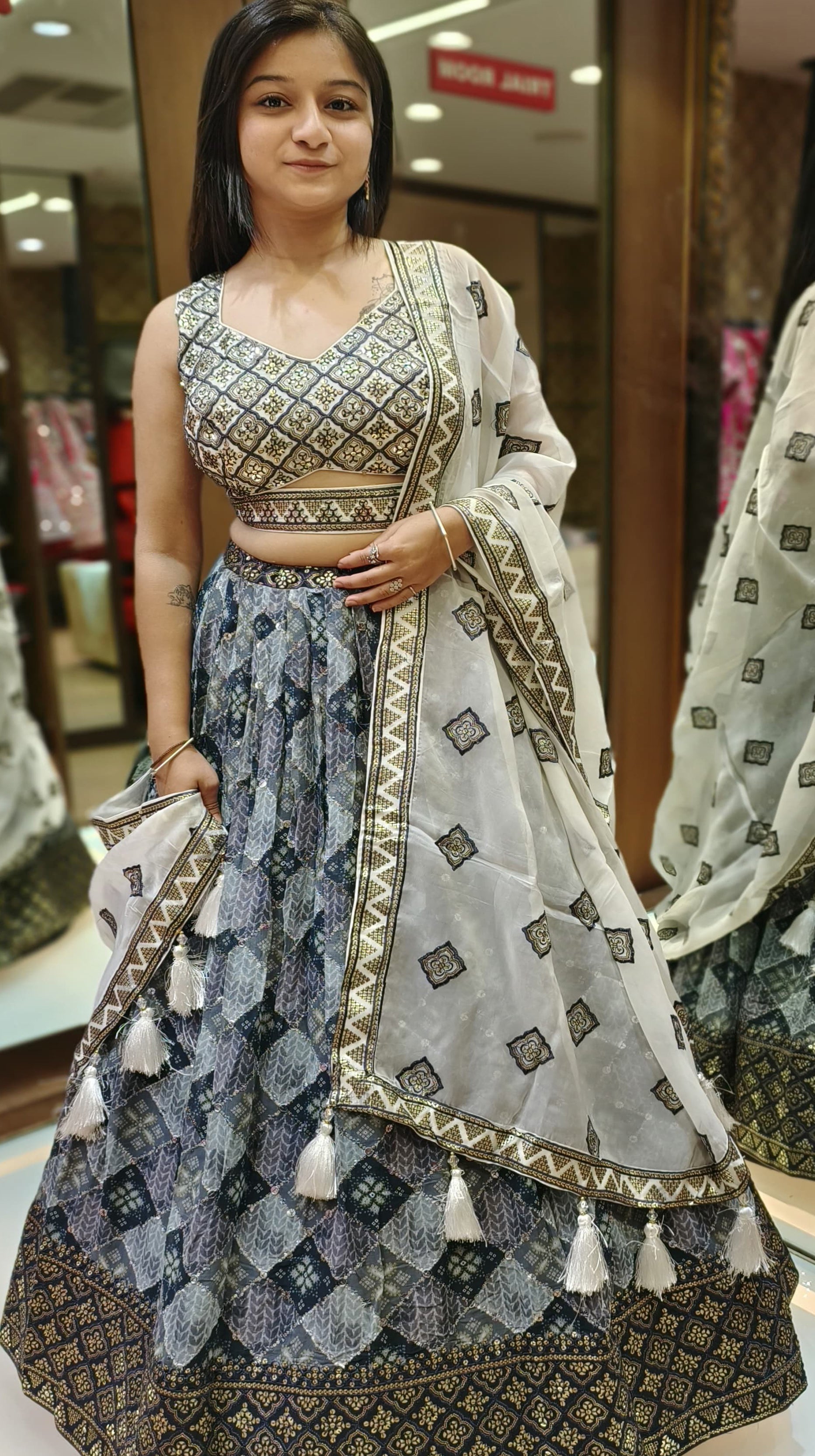 Grey Color Printed Silk Readymade Lehenga Choli